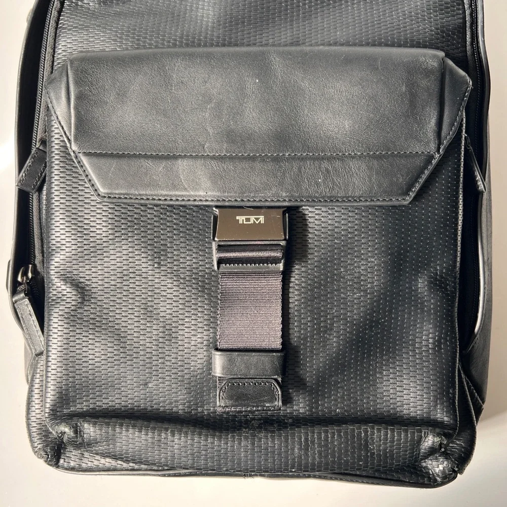 Tumi Morley Backpack Carbon Fiber Black Leather Buckle Laptop Travel Bag